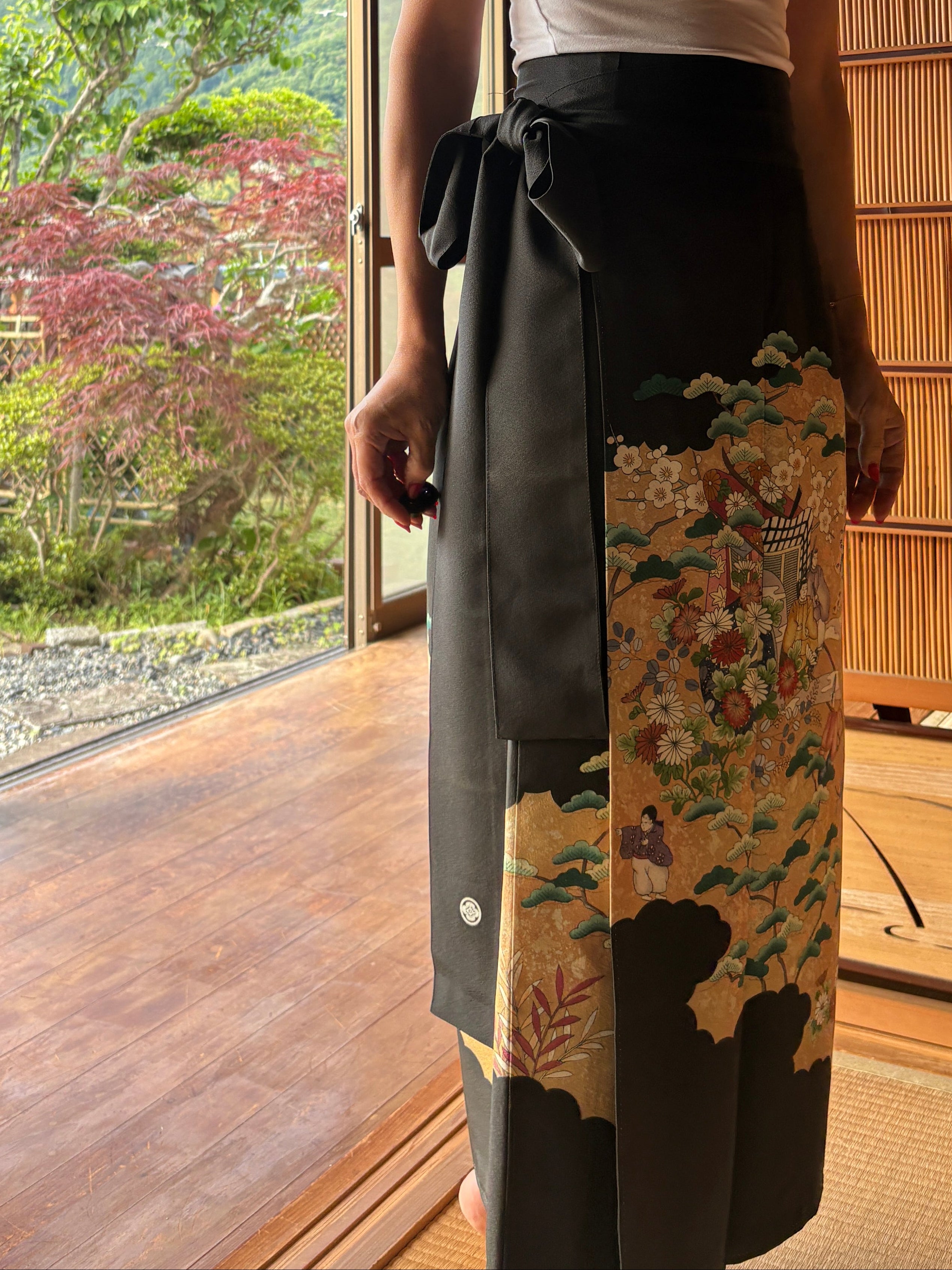 Vintage Silk Tomesode Wrap Skirt – Storytelling Scene with Pine Trees | Convertible Dress