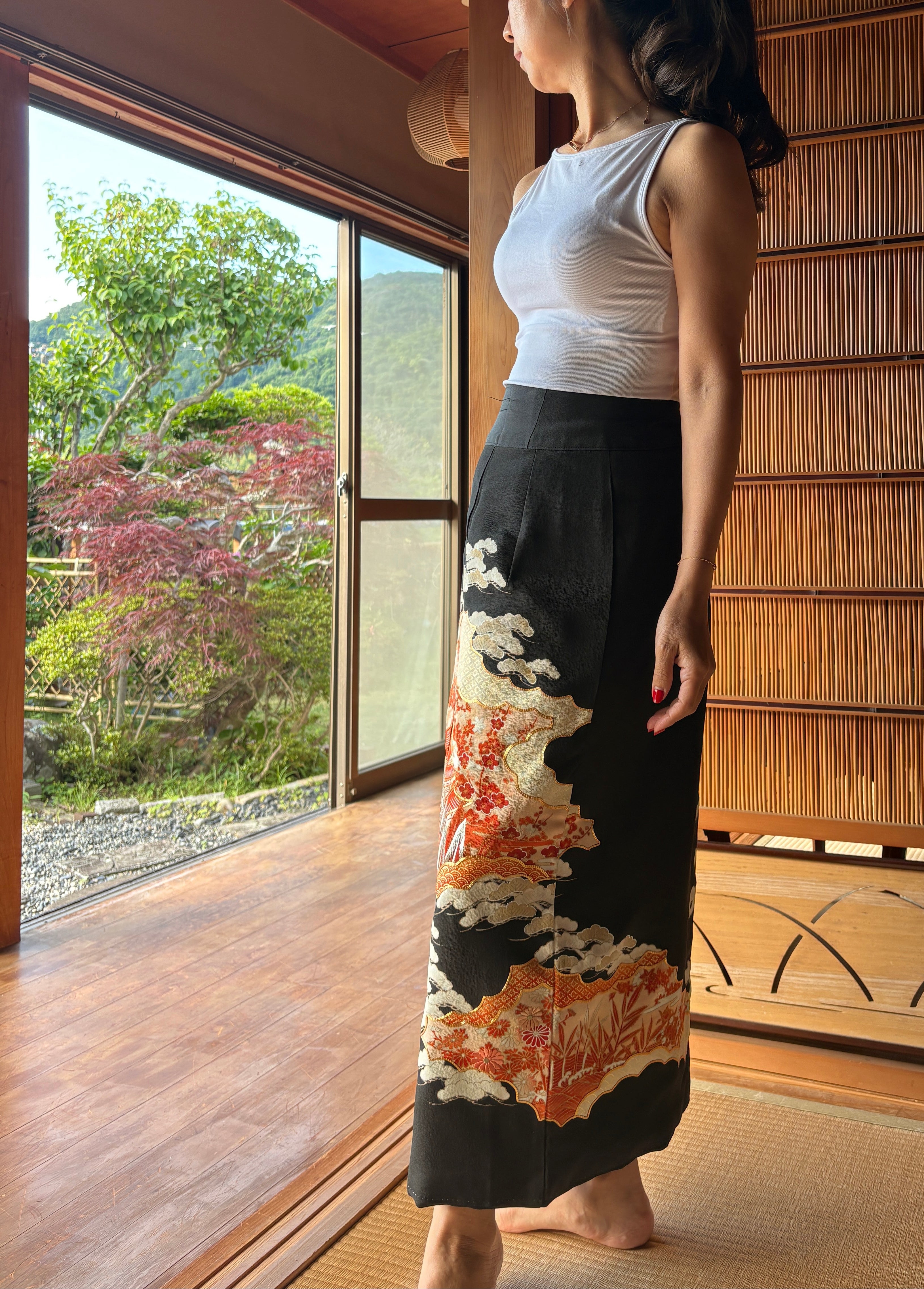 Vintage Silk Tomesode Wrap Skirt – Embroidered Japanese Landscape | Convertible Dress