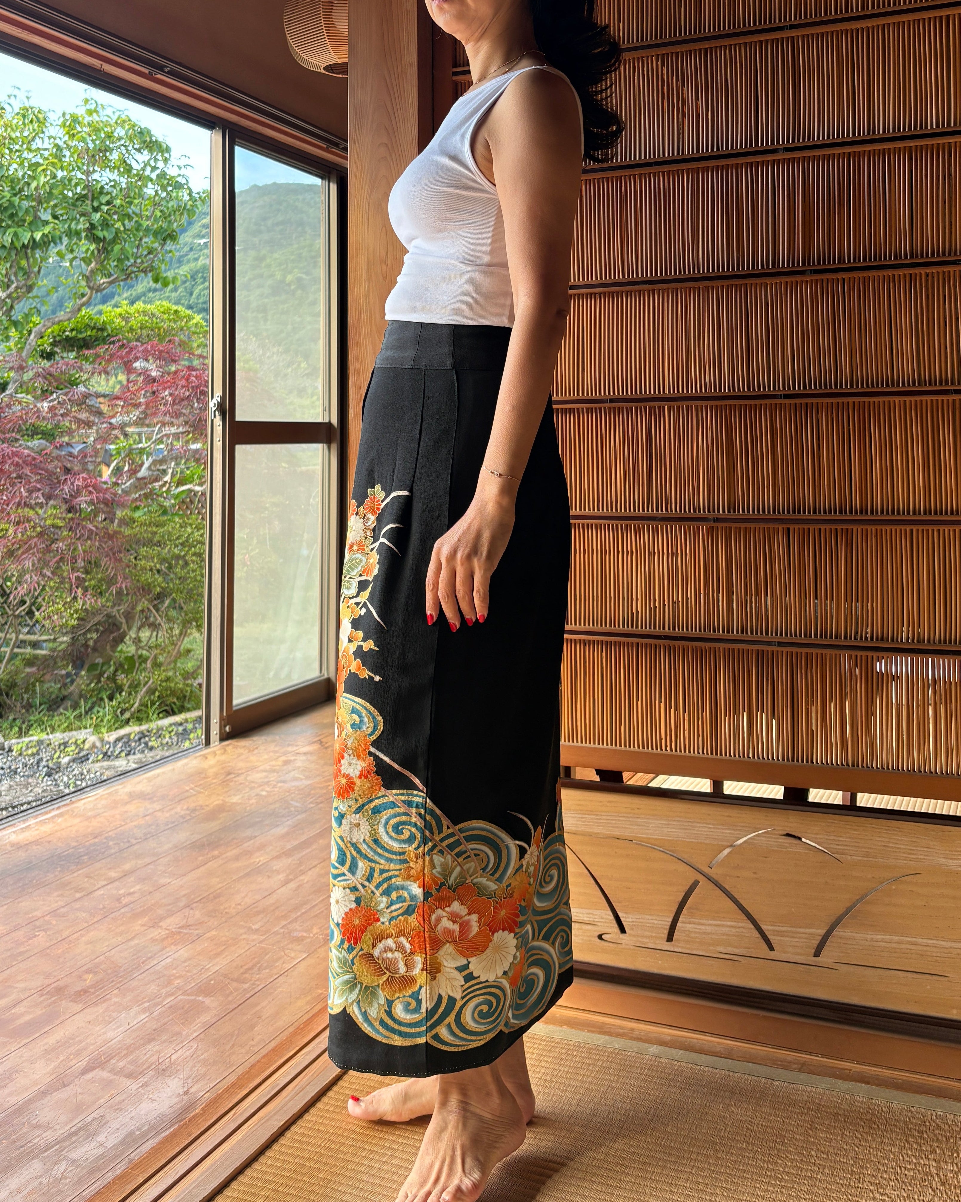 Vintage Silk Kimono Wrap Skirt / Convertible Dress – Waves and Floral Motifs