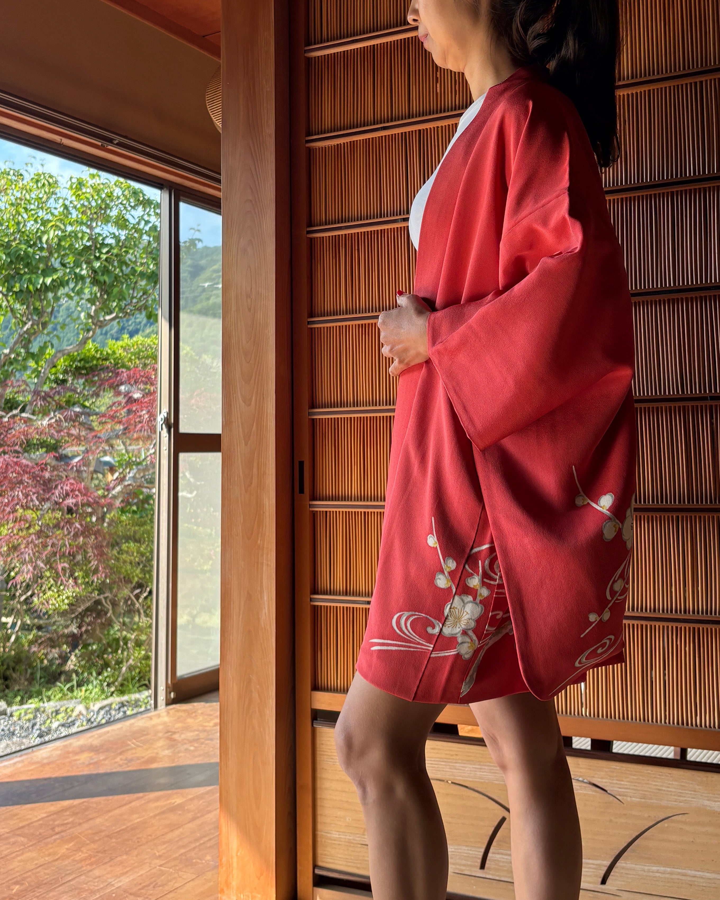 Vintage Silk Haori – Coral Red Plum Blossom & Flowing Water Motif | One-of-a-Kind Japanese Jacket