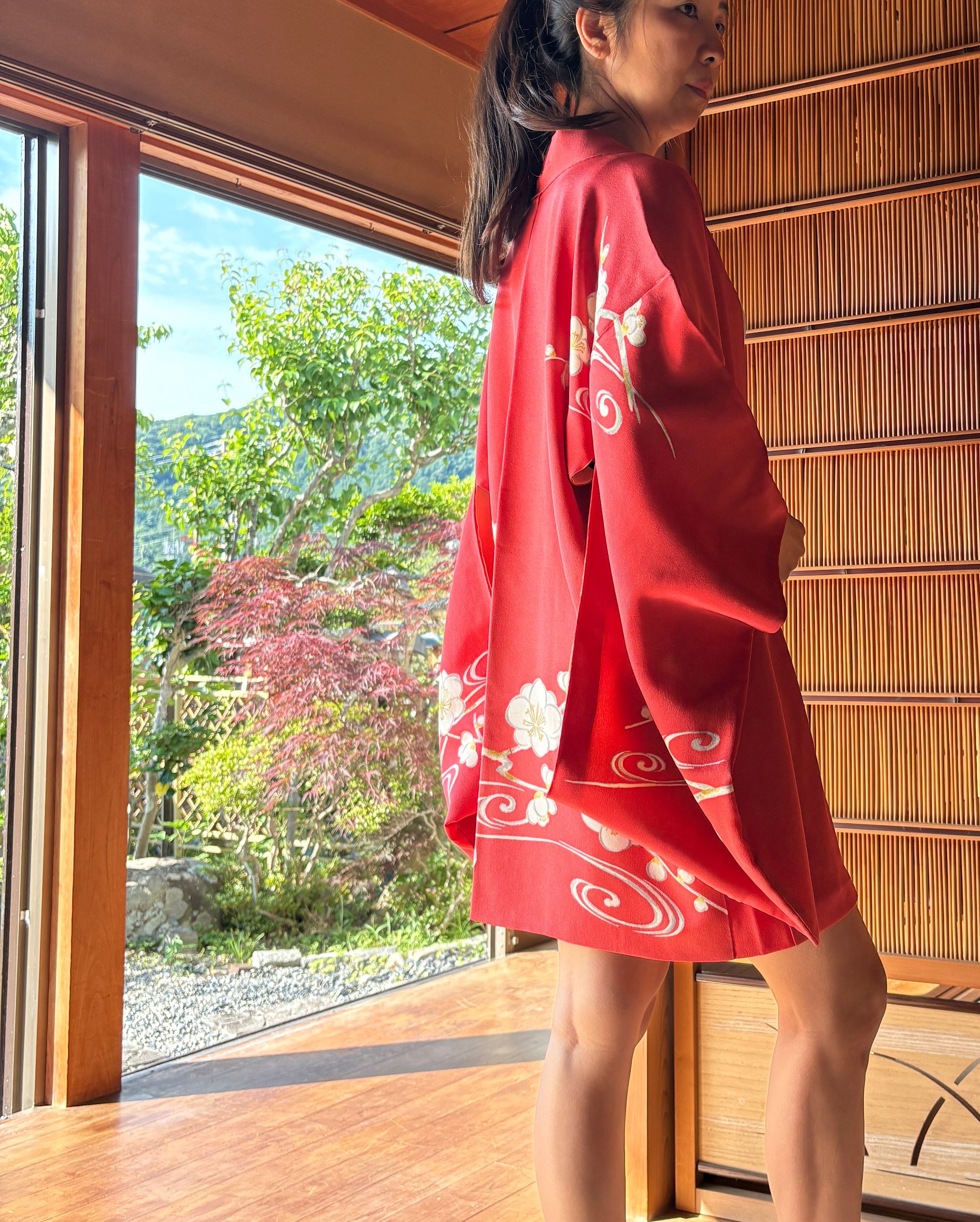 Vintage Silk Haori – Coral Red Plum Blossom & Flowing Water Motif | One-of-a-Kind Japanese Jacket