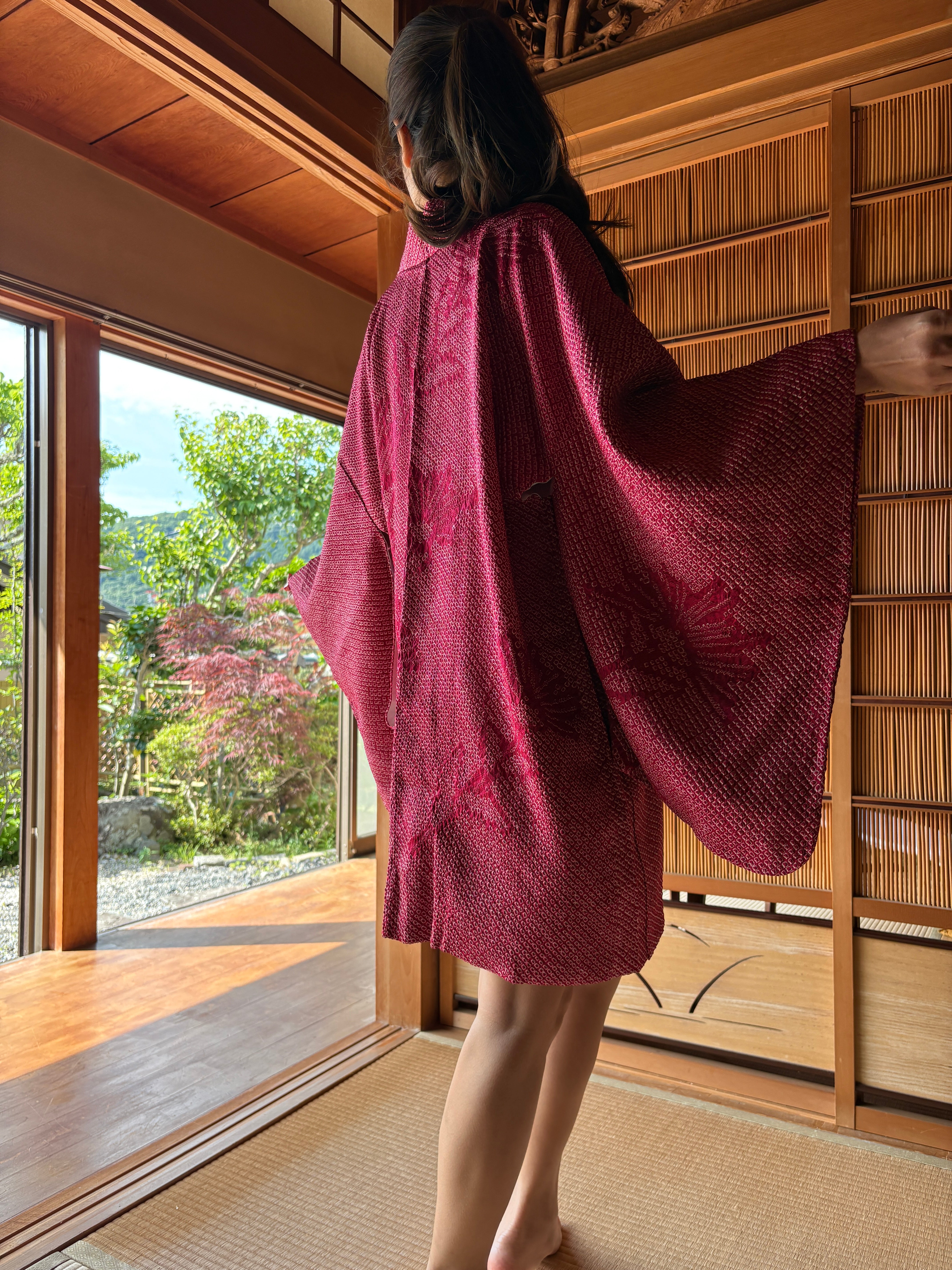 Vintage Silk Shibori Haori – Deep Crimson