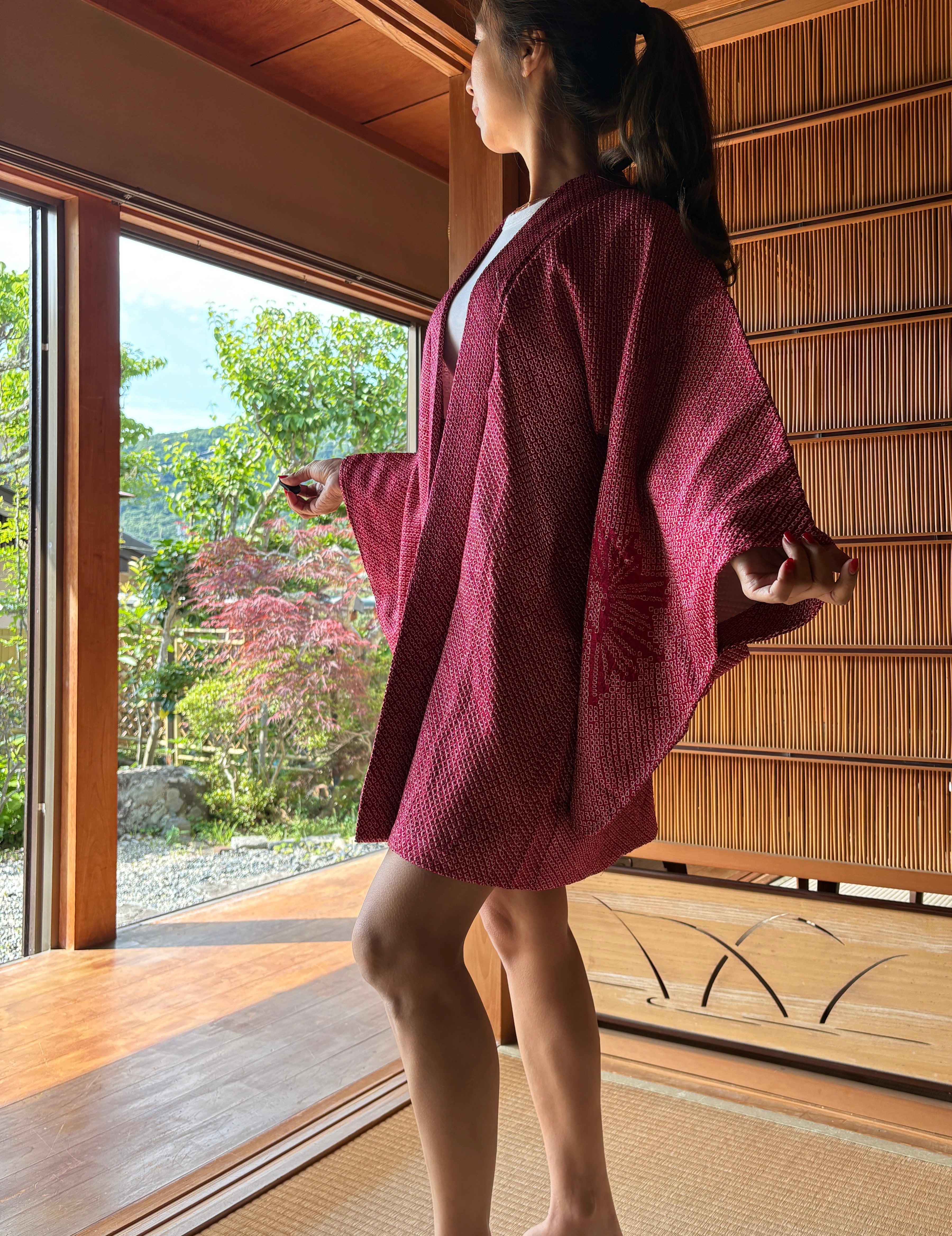 Vintage Silk Shibori Haori – Deep Crimson
