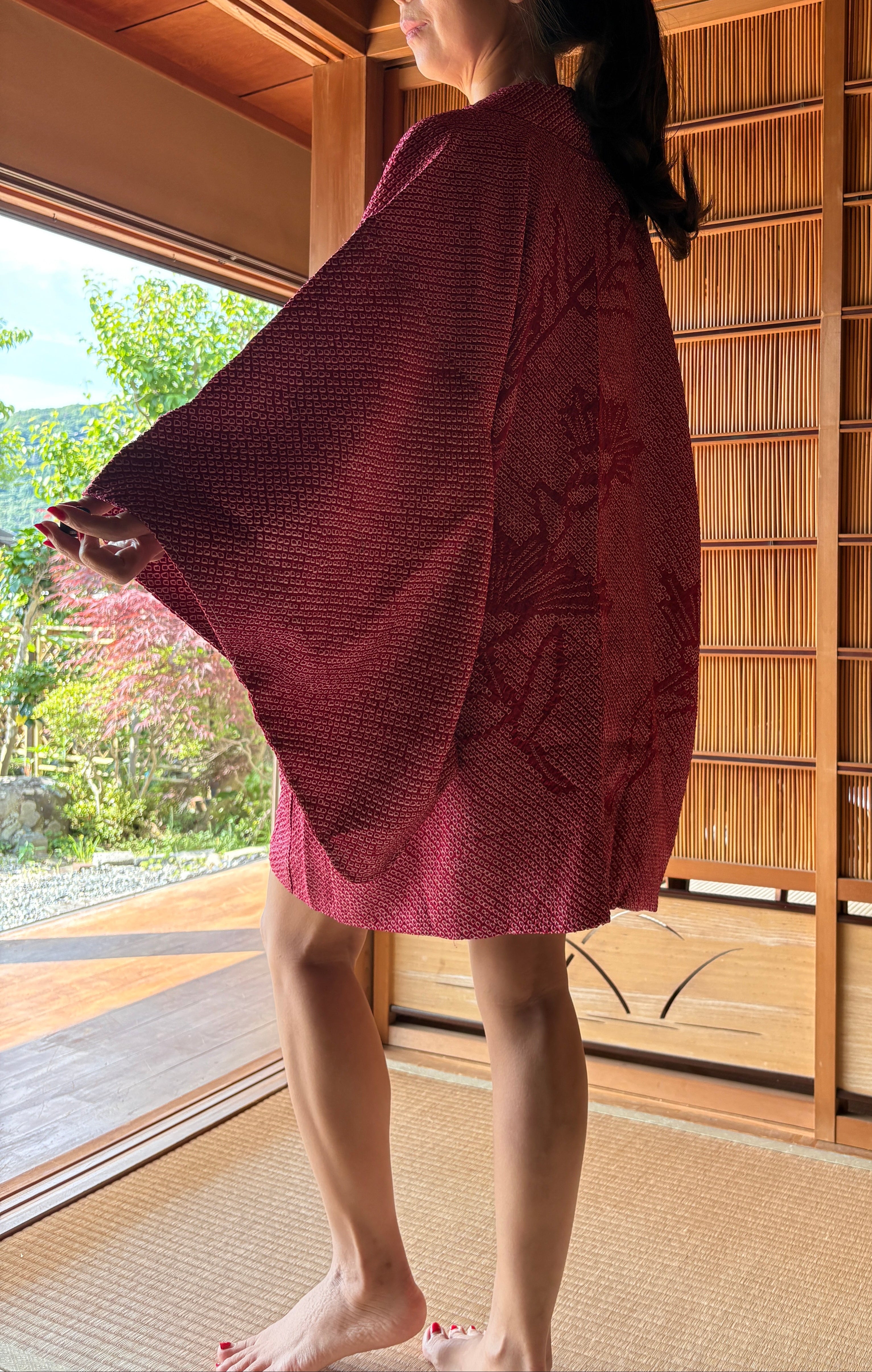 Vintage Silk Shibori Haori – Deep Crimson