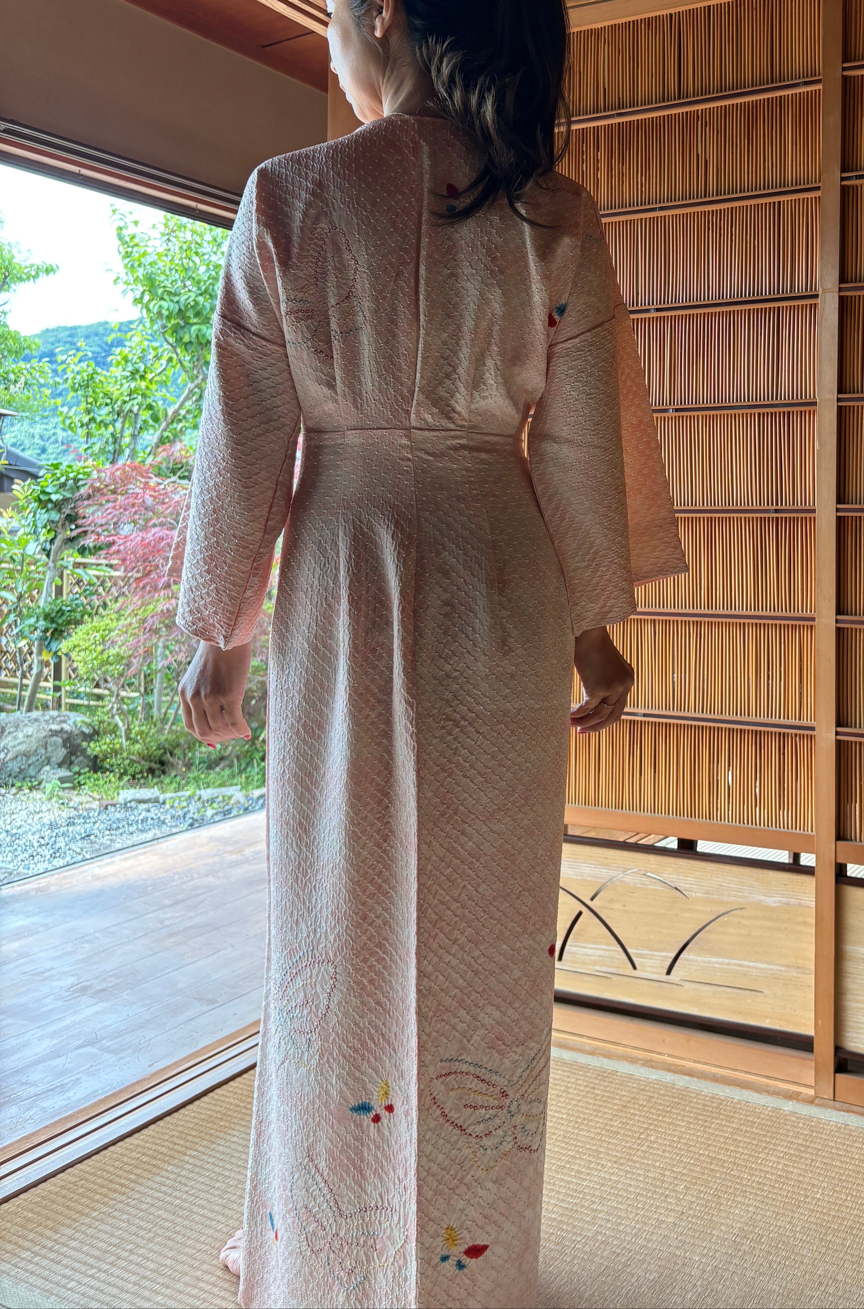 Vintage Shibori Silk Wrap Dress – Blush Pink Butterfly Kimono | One-of-a-Kind Luxury Dress
