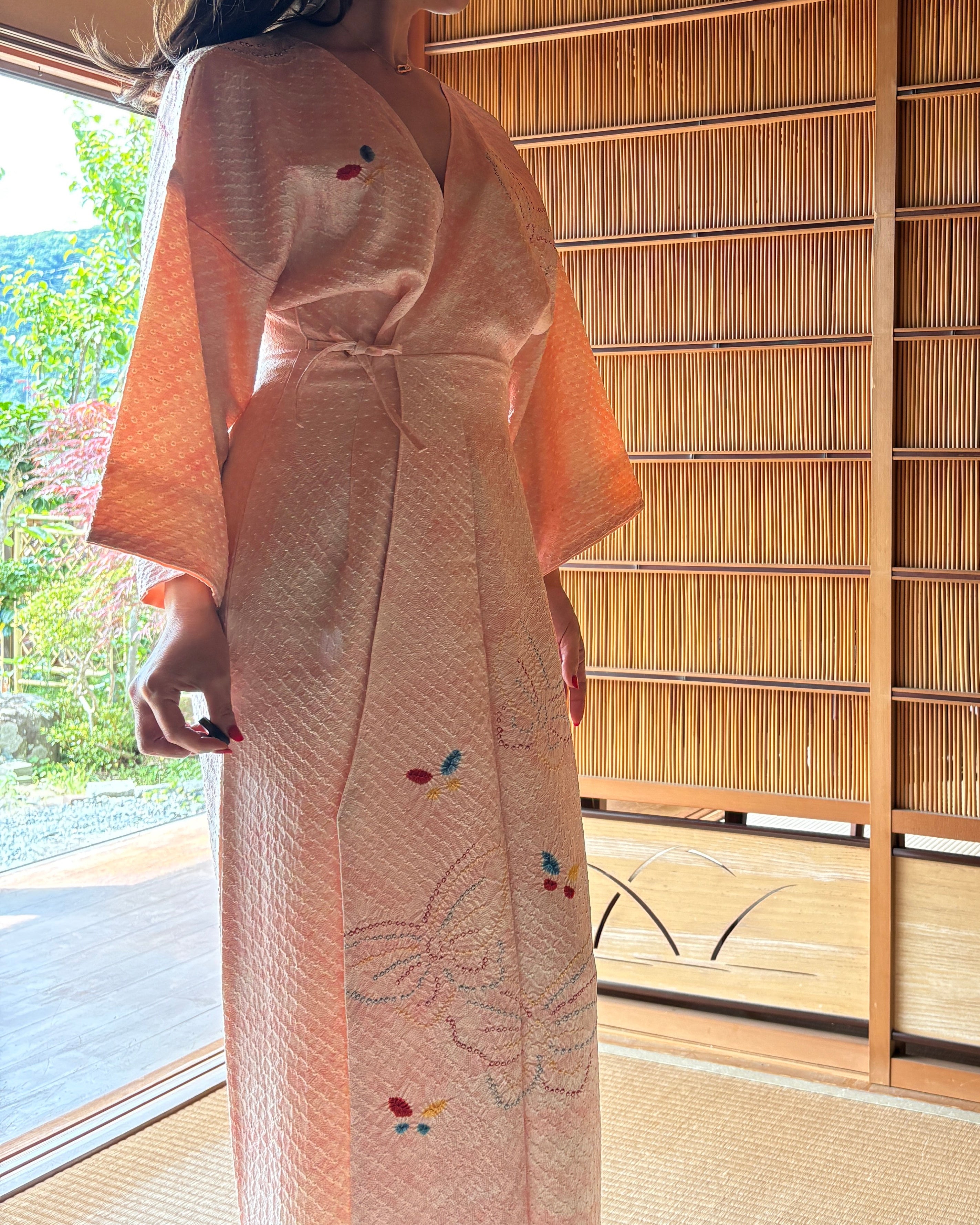 Vintage Shibori Silk Wrap Dress – Blush Pink Butterfly Kimono | One-of-a-Kind Luxury Dress