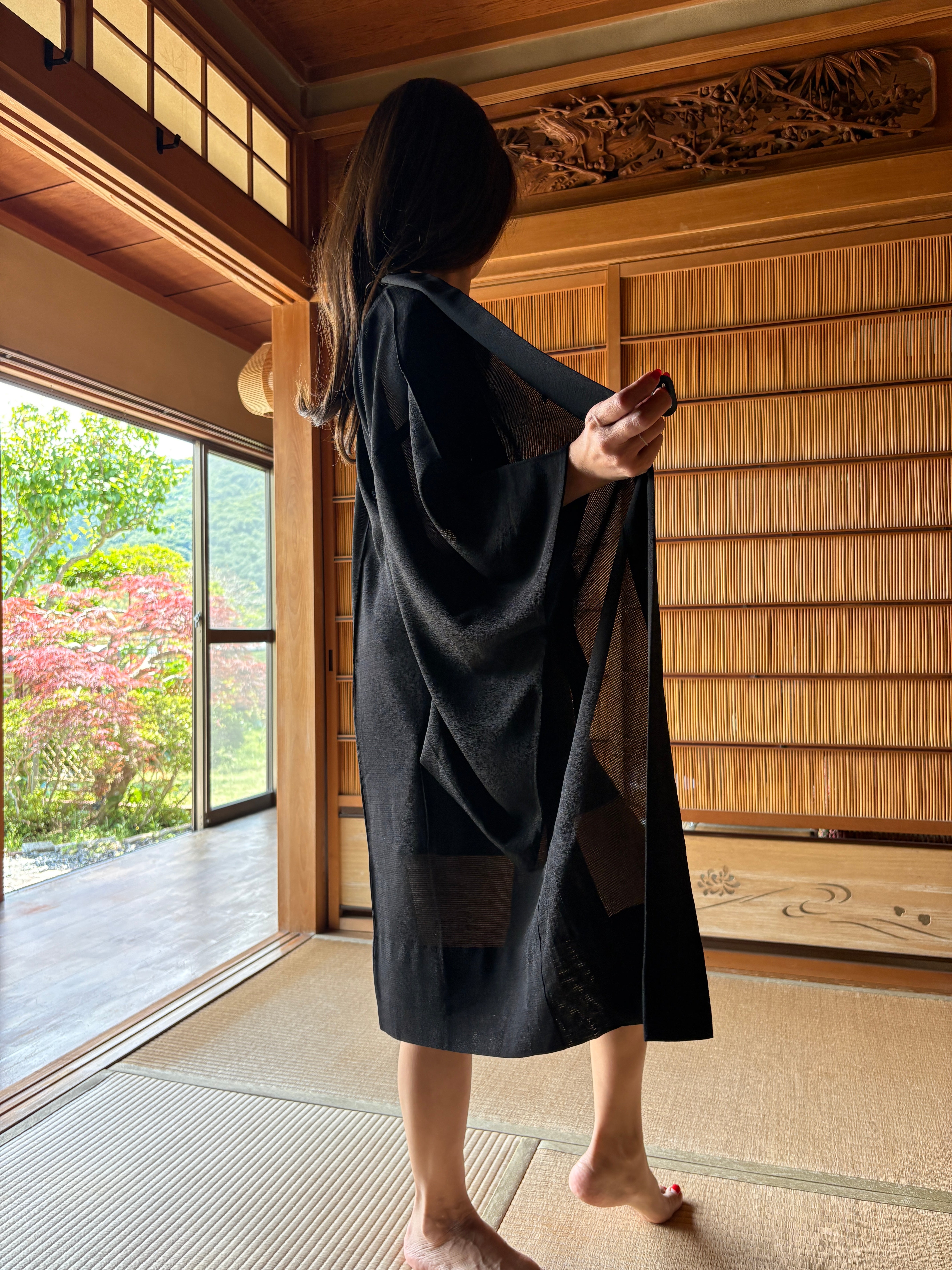 Vintage Silk Summer Haori – Black Sheer Mon-tsuki | Lightweight Japanese Kimono Jacket