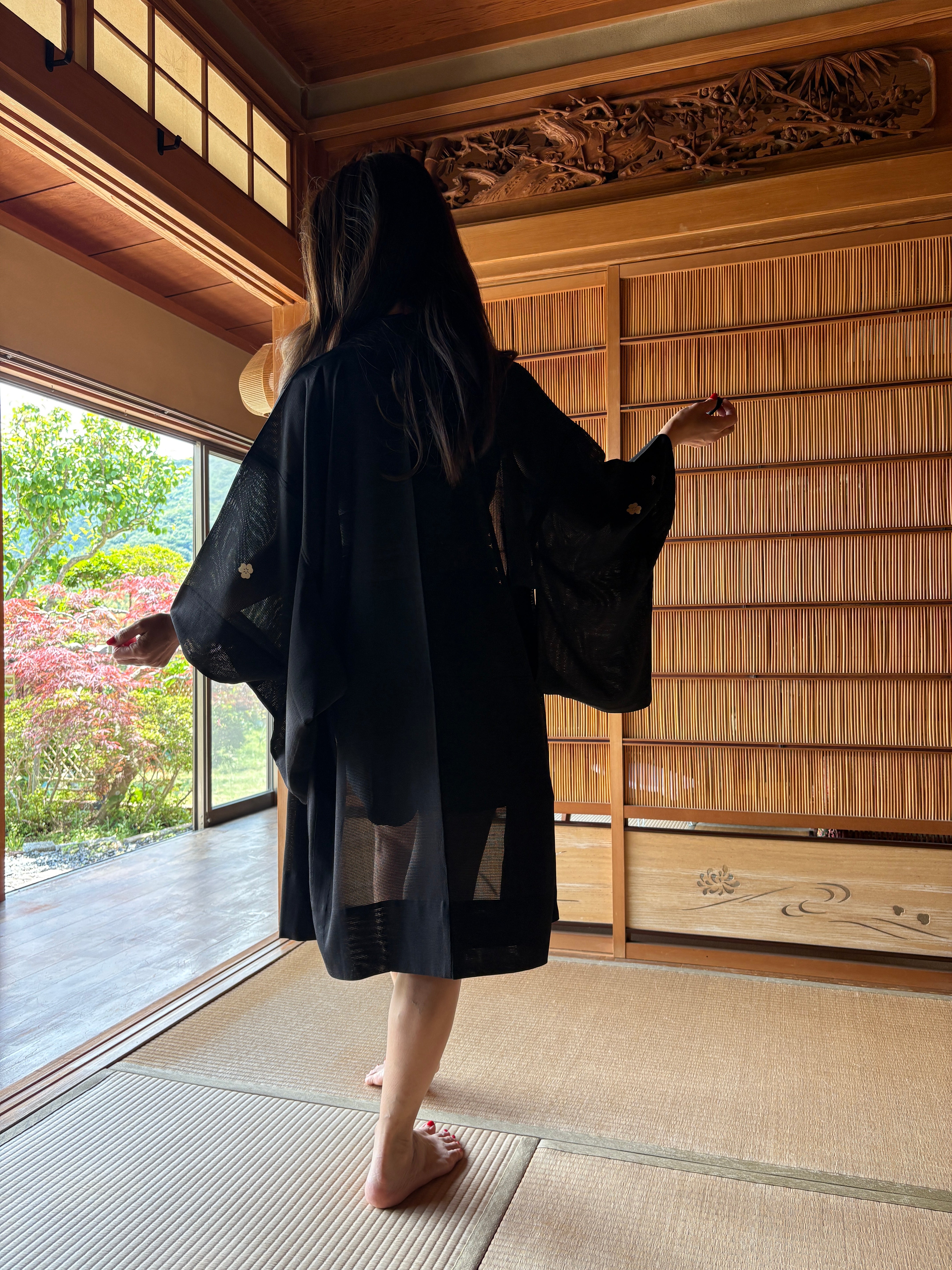 Vintage Silk Summer Haori – Black Sheer Mon-tsuki | Lightweight Japanese Kimono Jacket