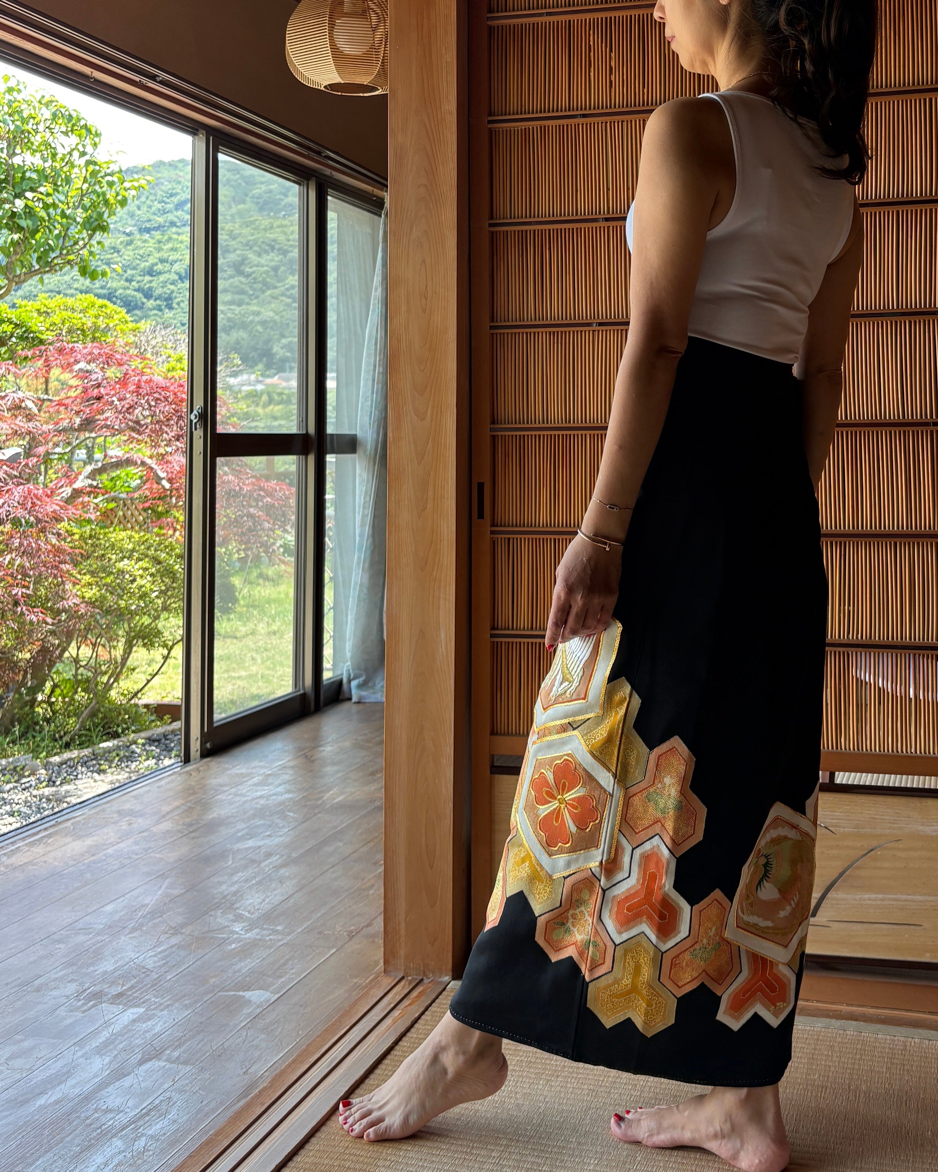 Vintage Silk Tomesode Wrap Skirt – Golden Phoenix Embroidery | Convertible Dress
