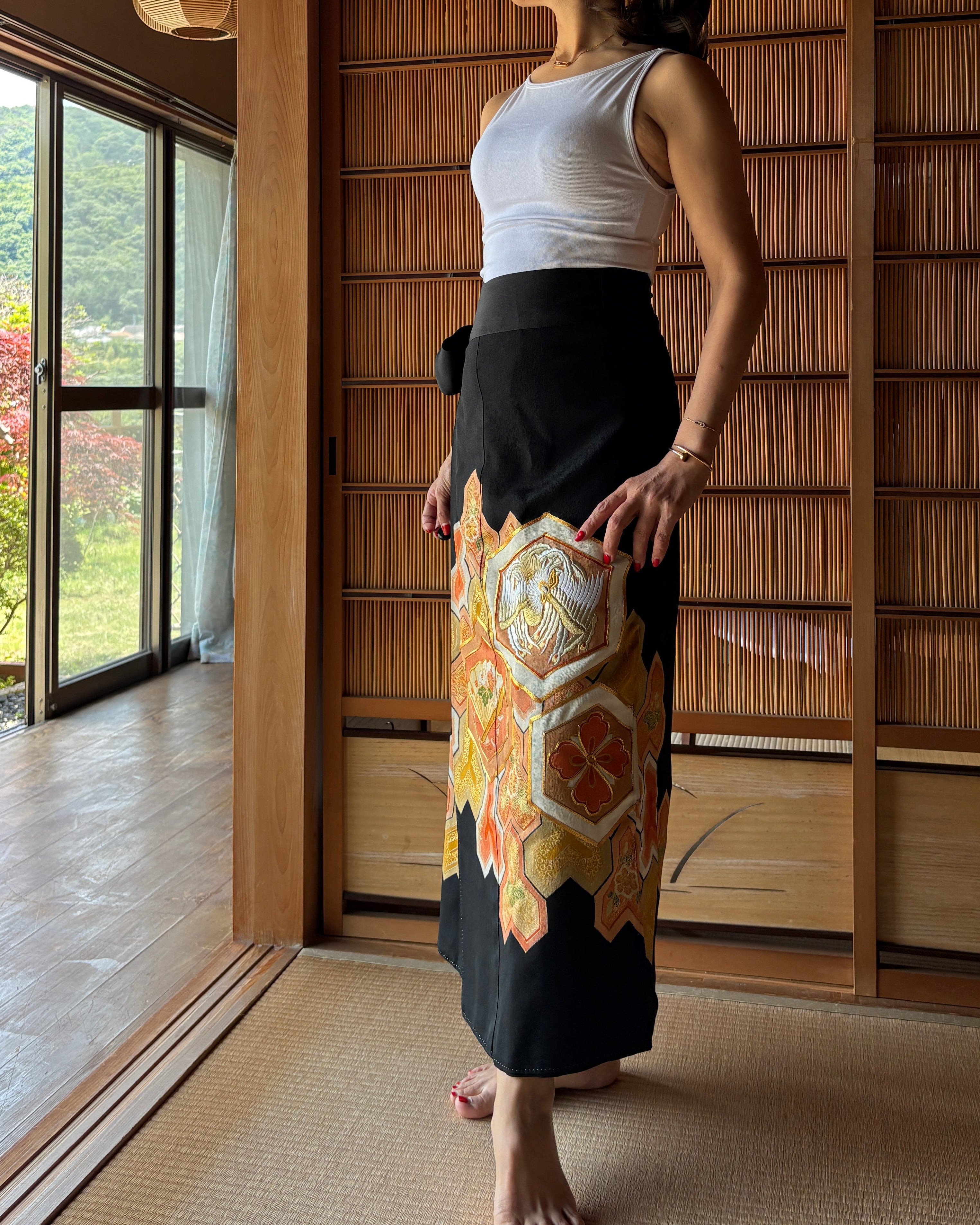 Vintage Silk Tomesode Wrap Skirt – Golden Phoenix Embroidery | Convertible Dress