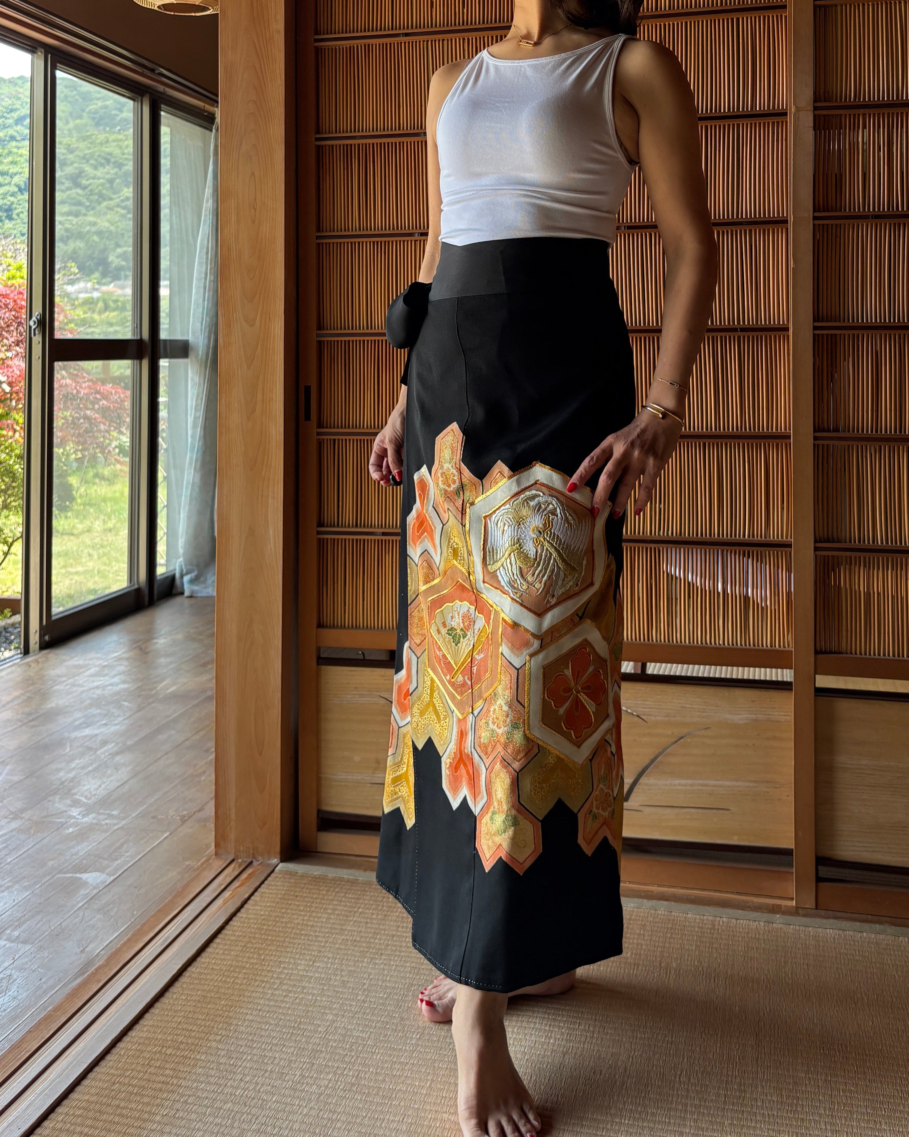 Vintage Silk Tomesode Wrap Skirt – Golden Phoenix Embroidery | Convertible Dress