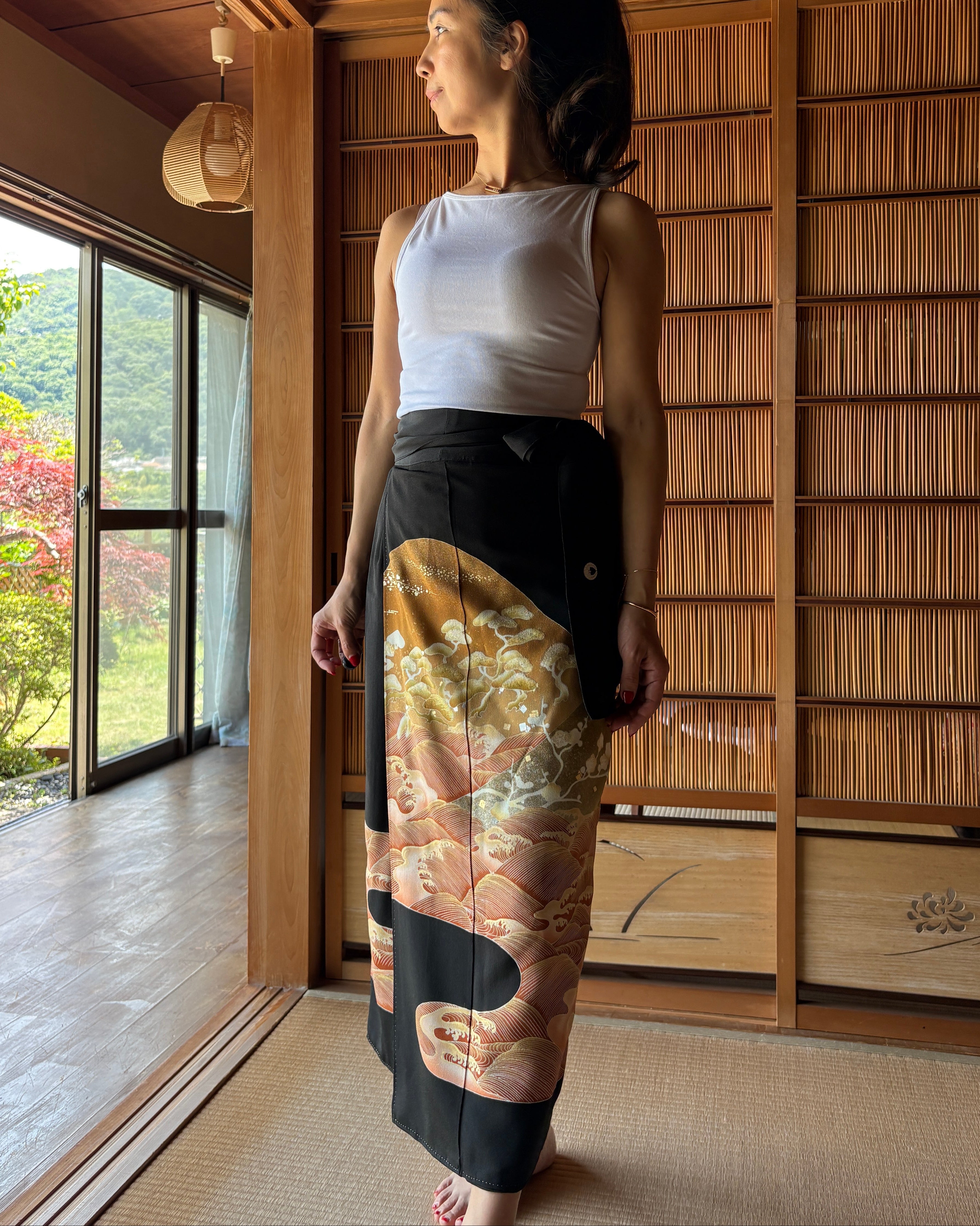 Vintage Silk Tomesode Wrap Skirt – Golden Waves & Pine Landscape | Convertible Dress