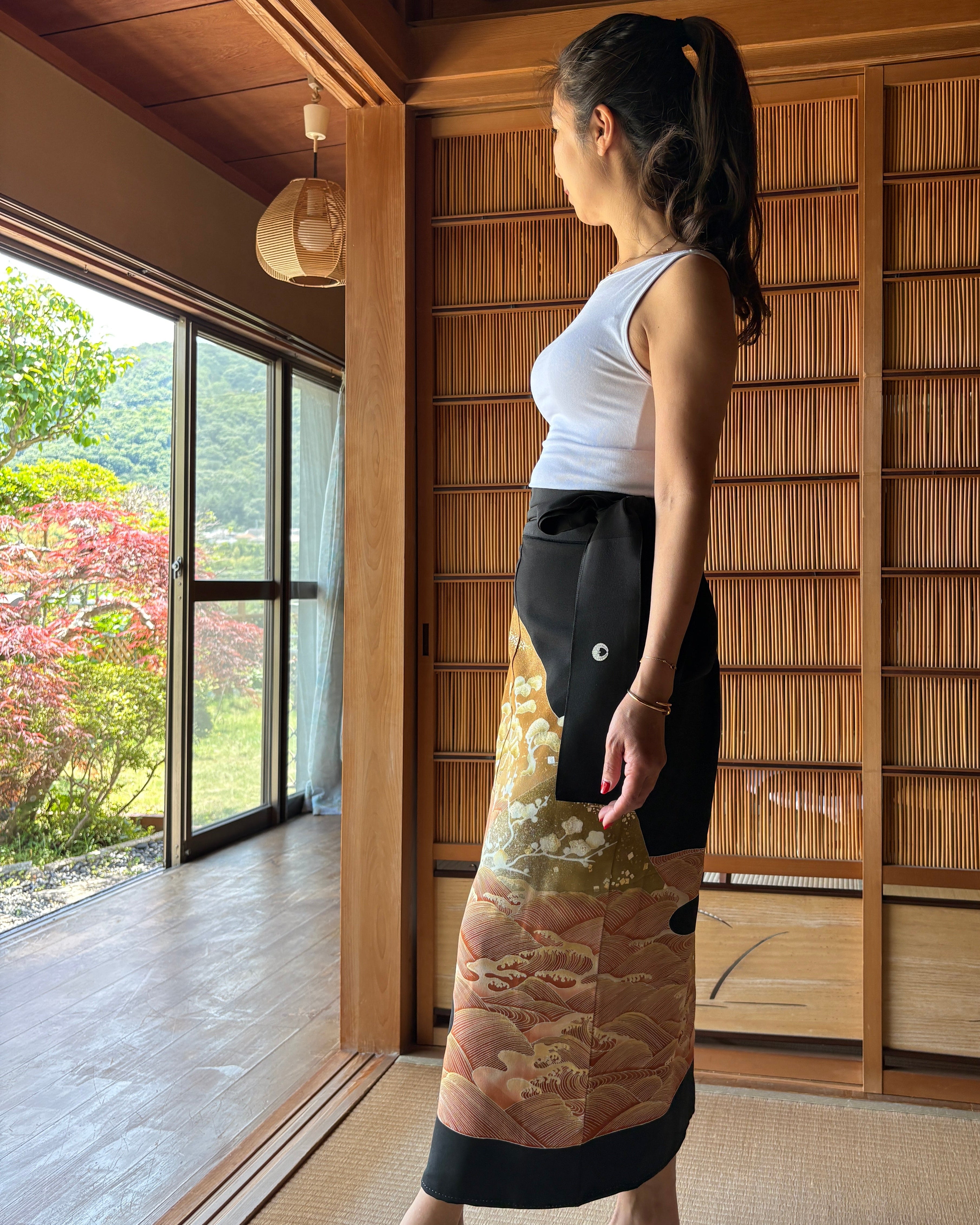 Vintage Silk Tomesode Wrap Skirt – Golden Waves & Pine Landscape | Convertible Dress