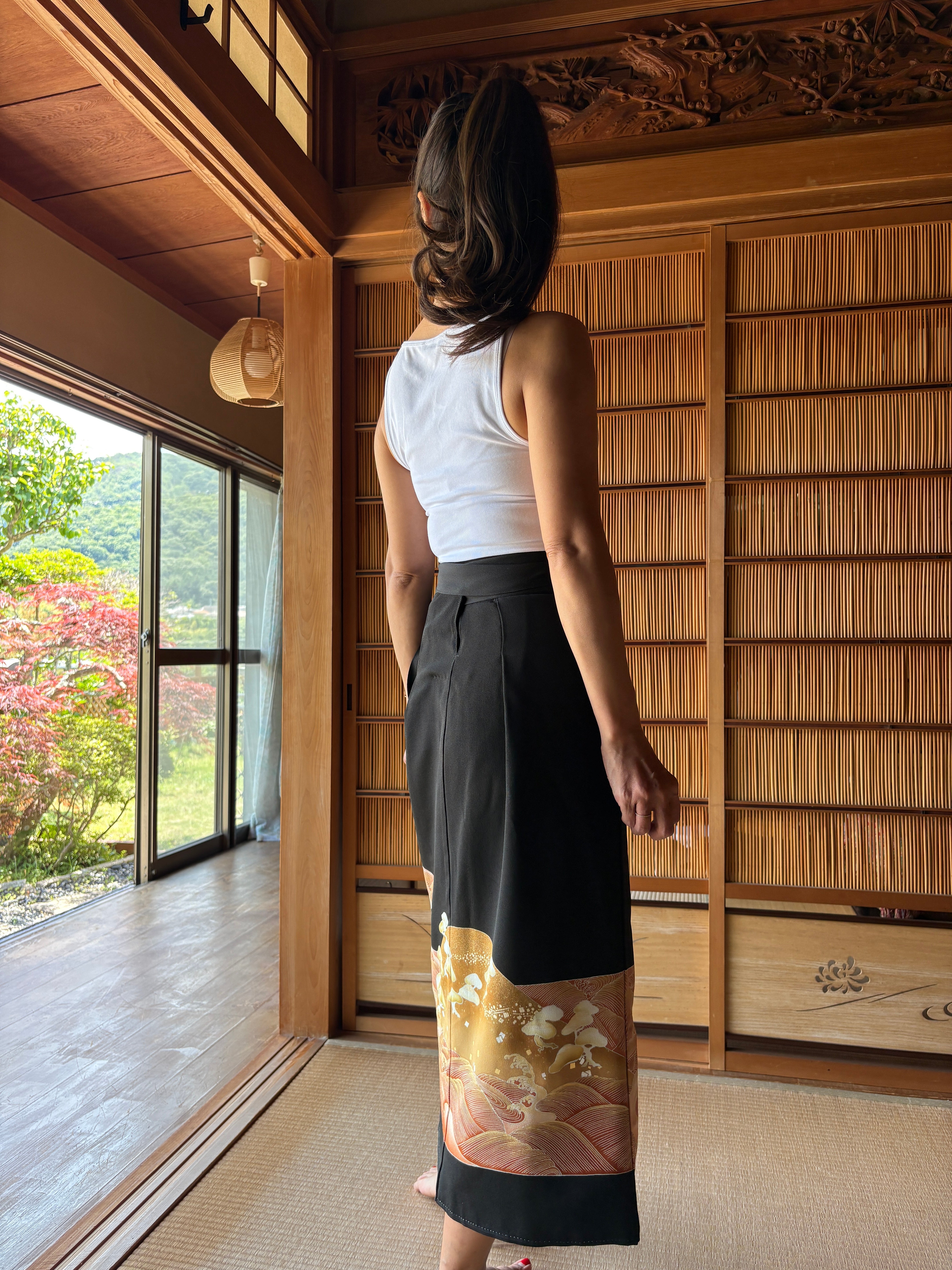 Vintage Silk Tomesode Wrap Skirt – Golden Waves & Pine Landscape | Convertible Dress