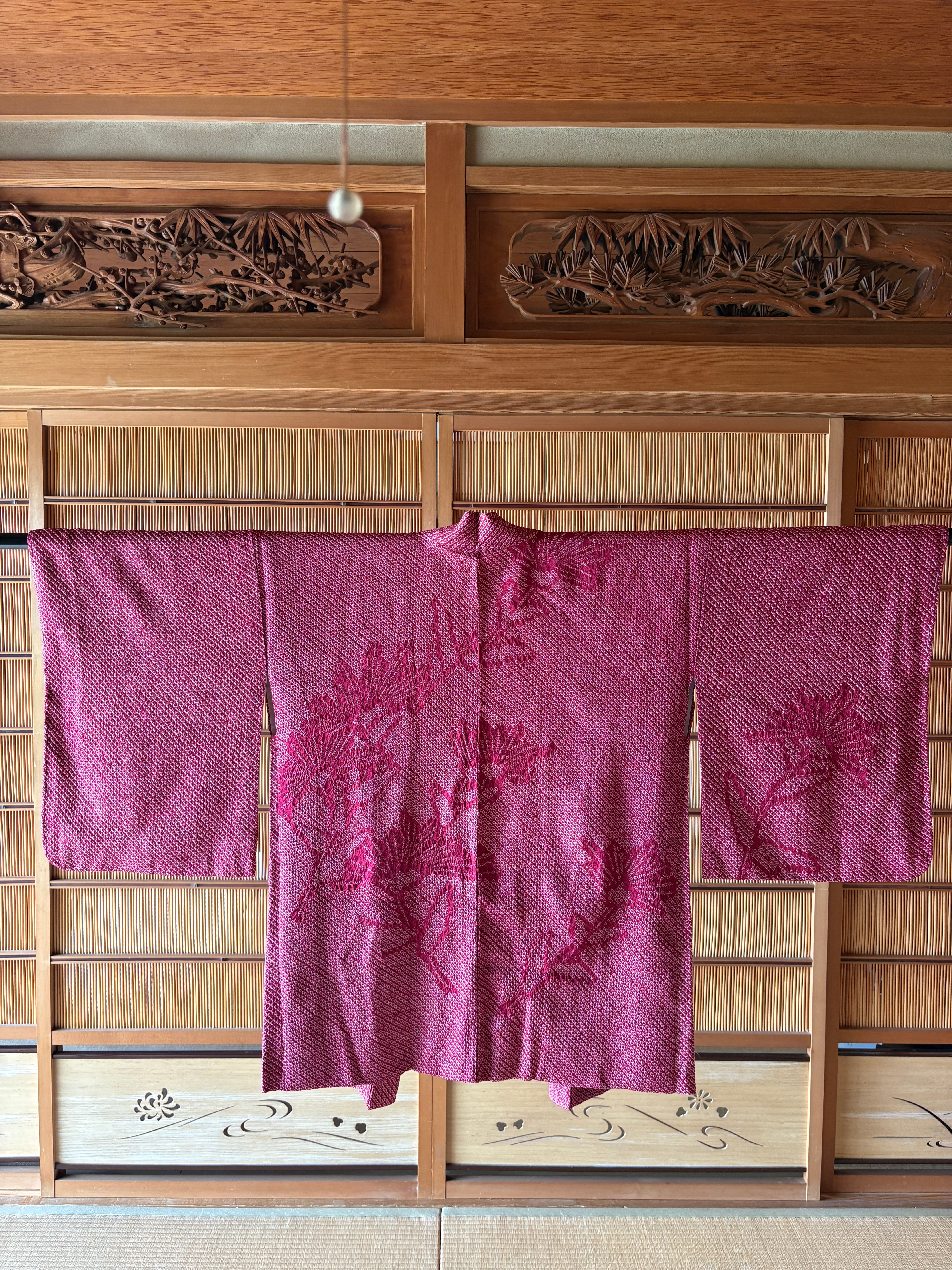 Vintage Silk Shibori Haori – Deep Crimson