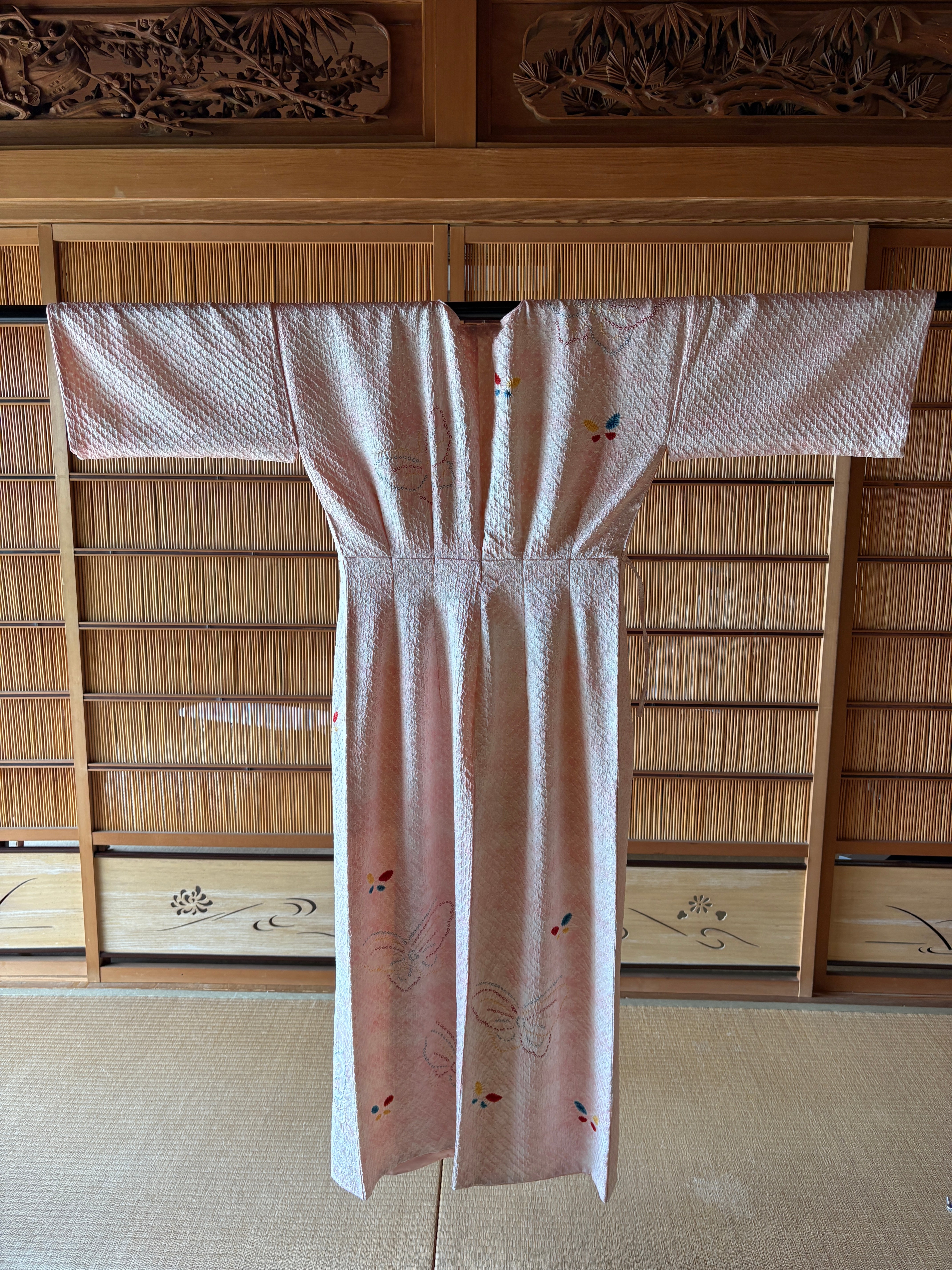 Vintage Shibori Silk Wrap Dress – Blush Pink Butterfly Kimono | One-of-a-Kind Luxury Dress