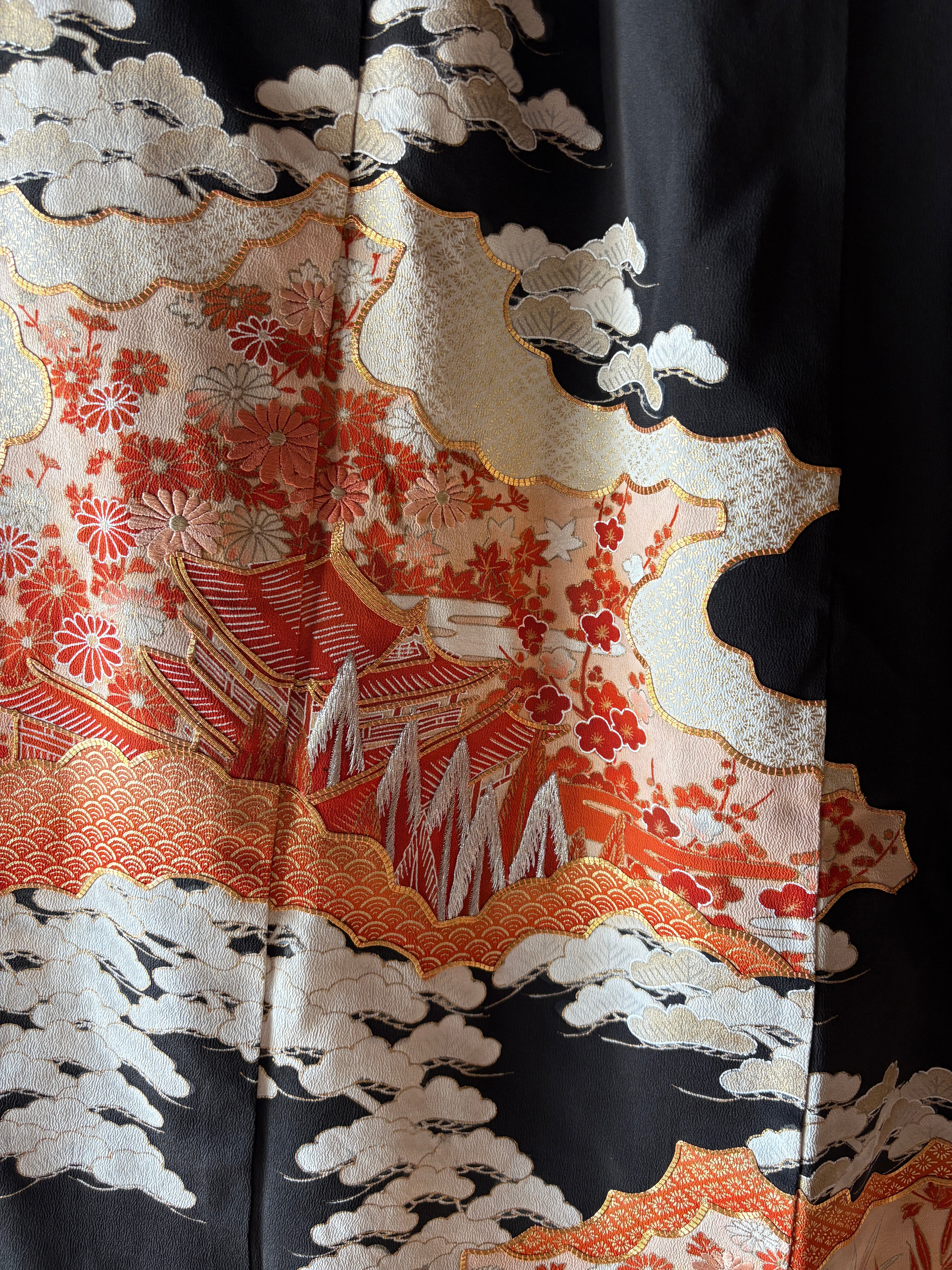 Vintage Silk Tomesode Wrap Skirt – Embroidered Japanese Landscape | Convertible Dress