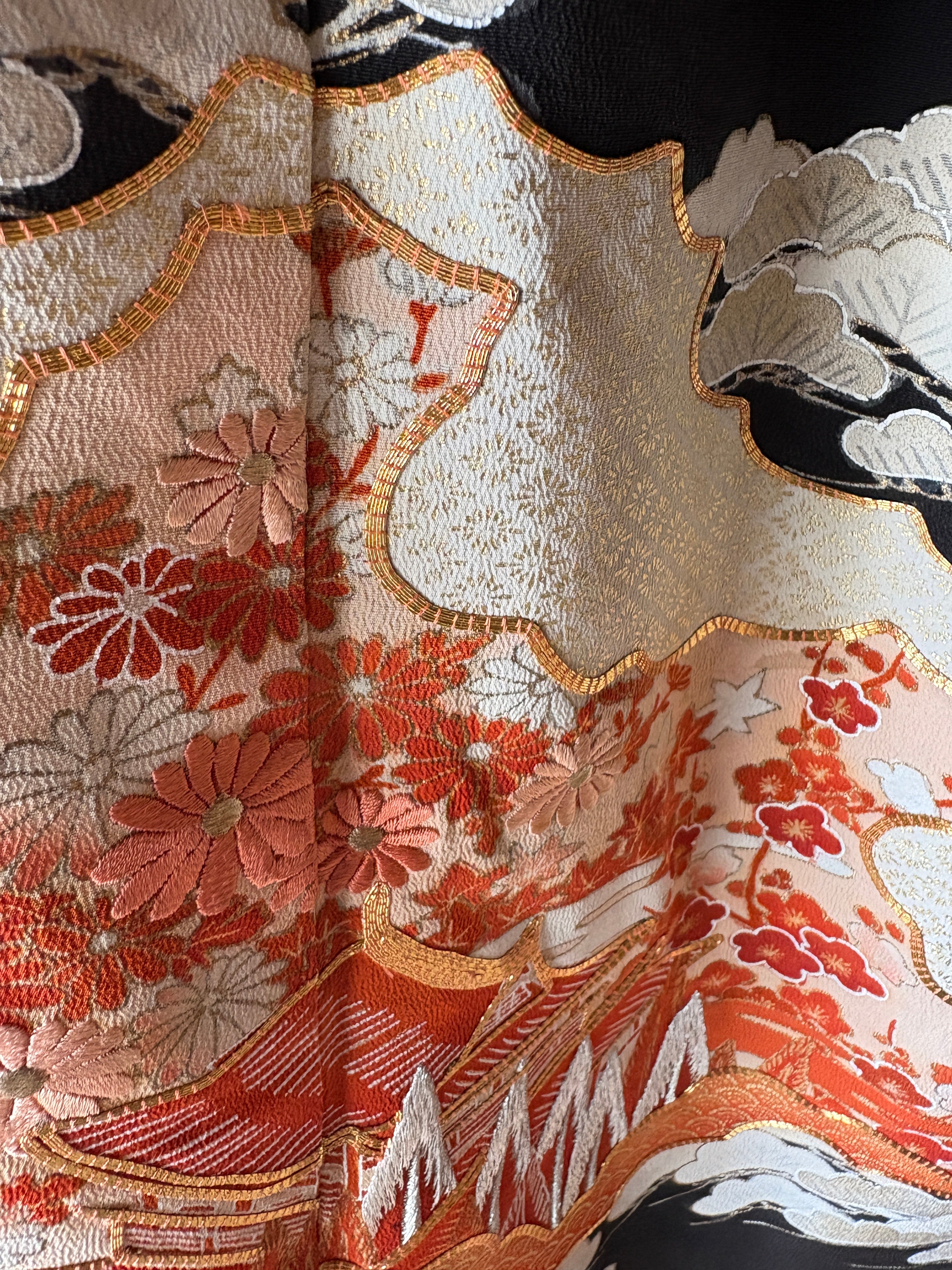 Vintage Silk Tomesode Wrap Skirt – Embroidered Japanese Landscape | Convertible Dress
