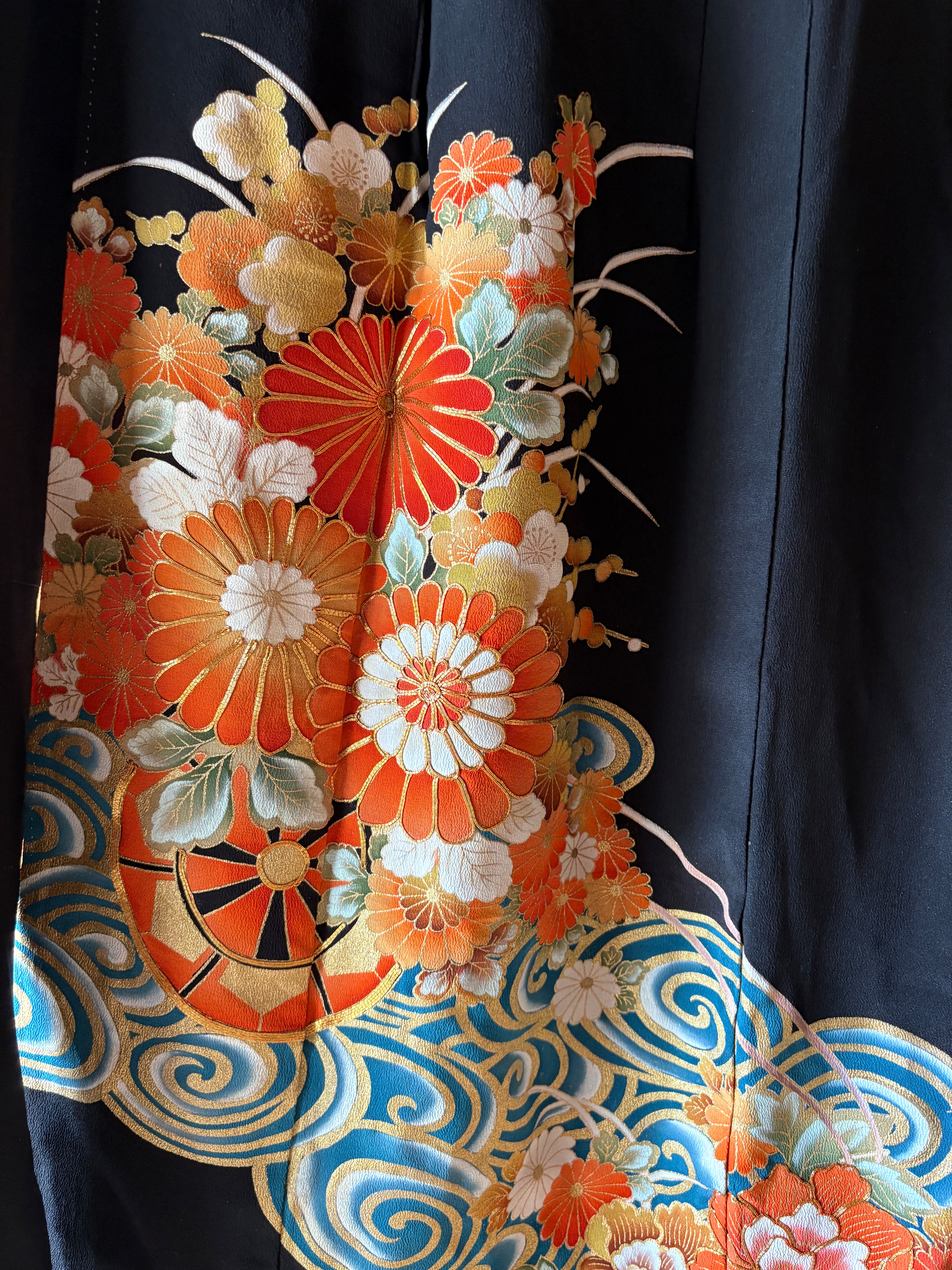 Vintage Silk Kimono Wrap Skirt / Convertible Dress – Waves and Floral Motifs