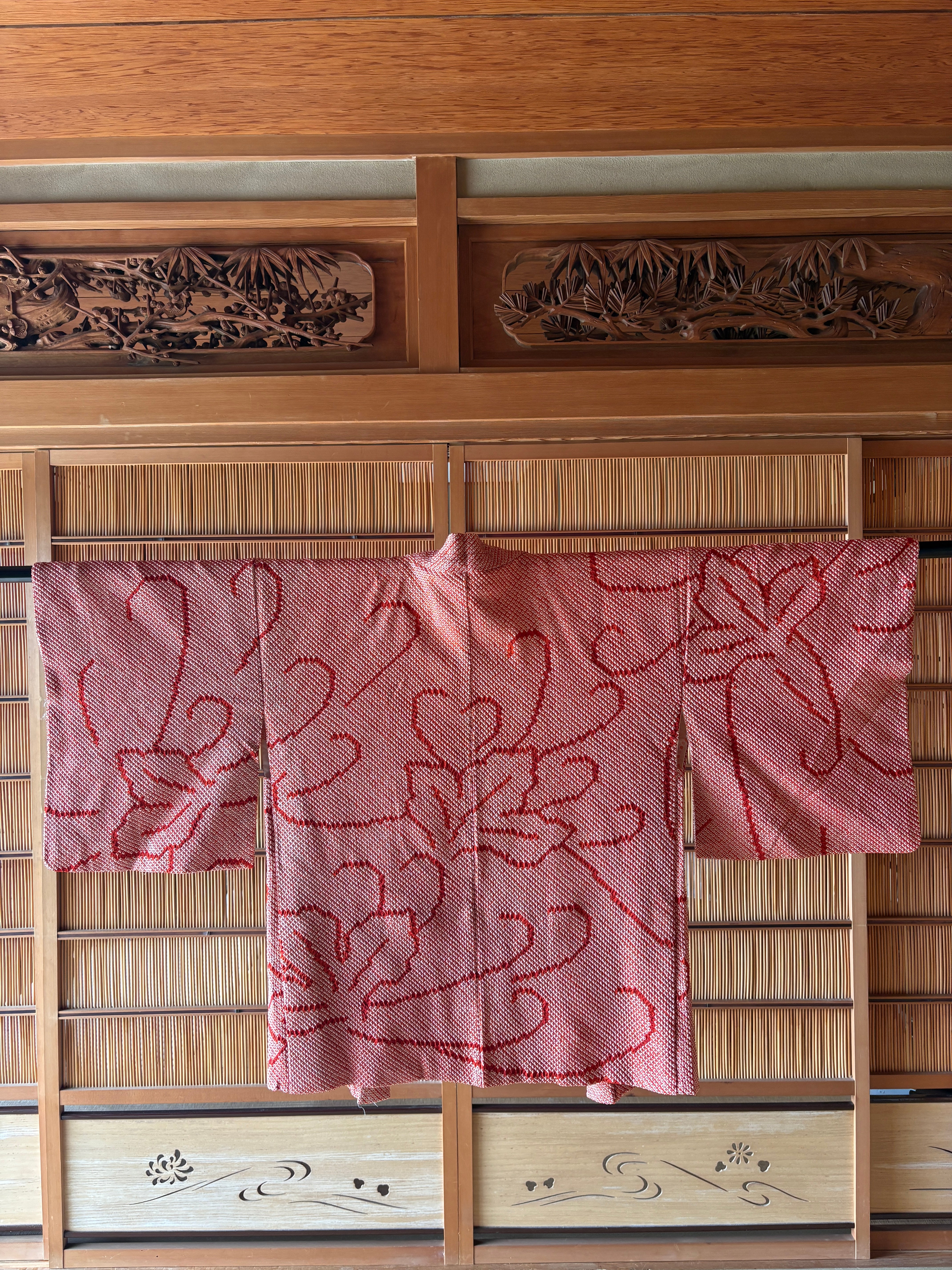 Vintage Silk Shibori Haori – Crimson Blossom