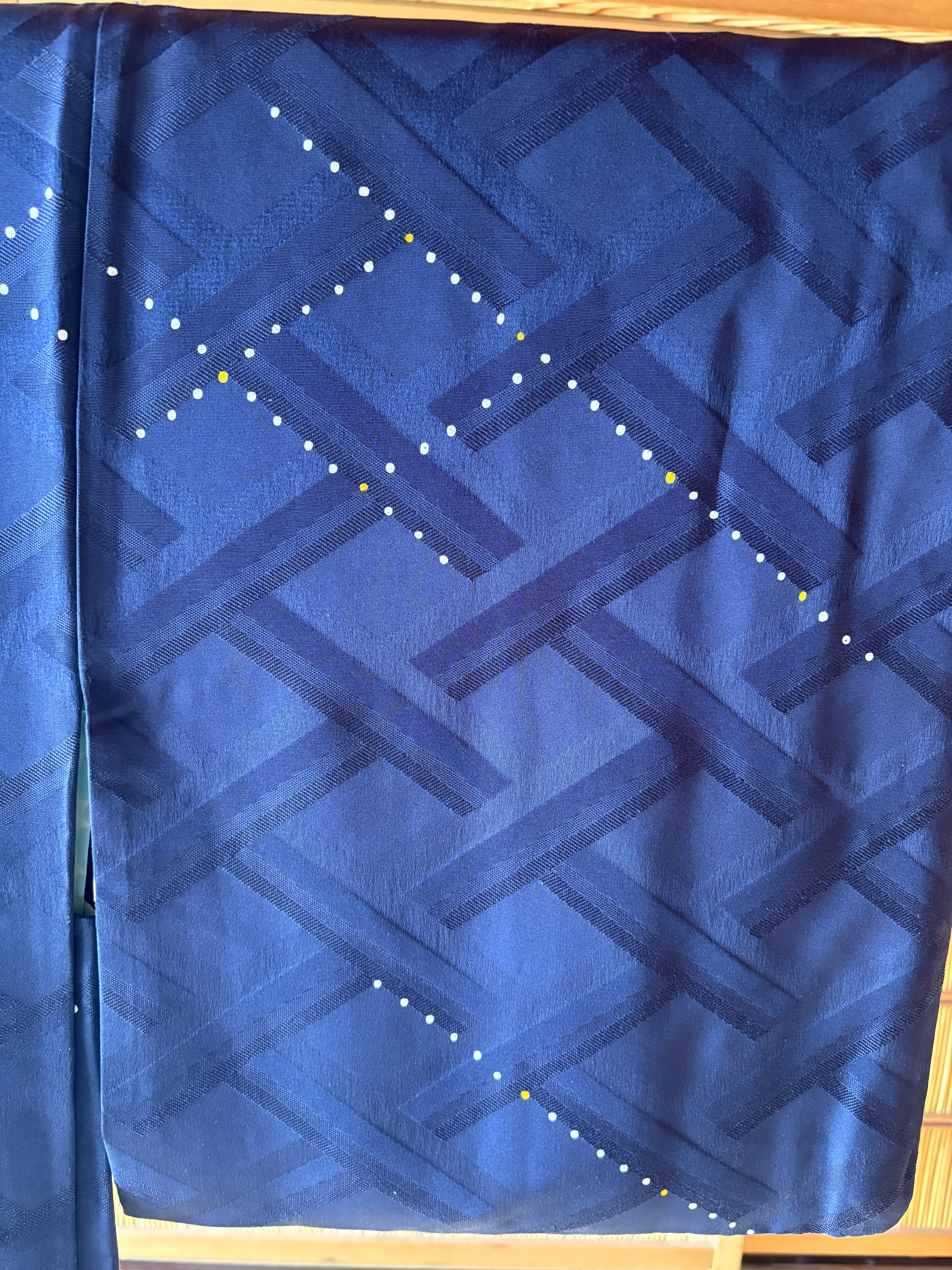 Vintage Silk Haori – Midnight Indigo Diamond Weave with Hidden Floral Lining