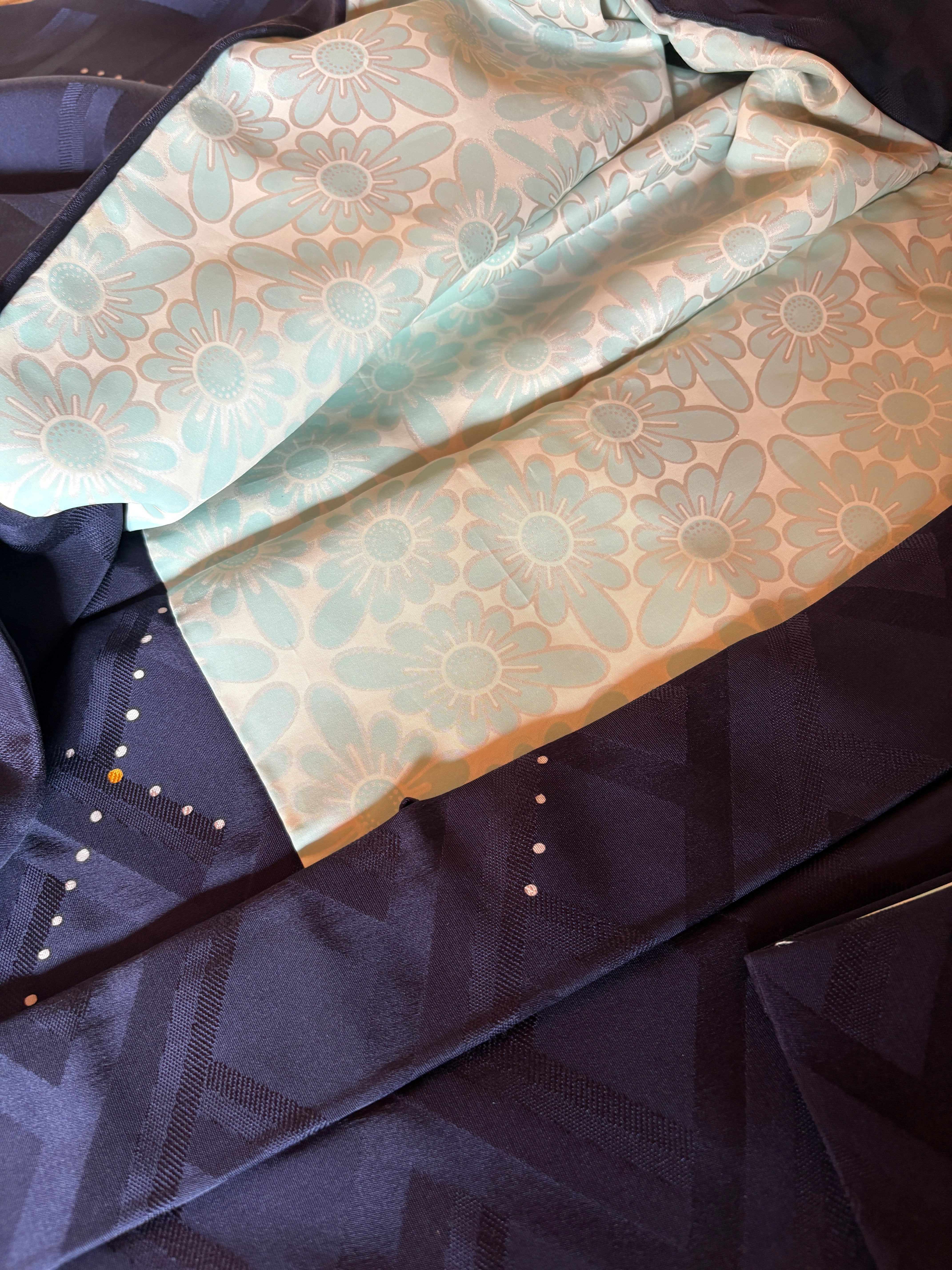 Vintage Silk Haori – Midnight Indigo Diamond Weave with Hidden Floral Lining